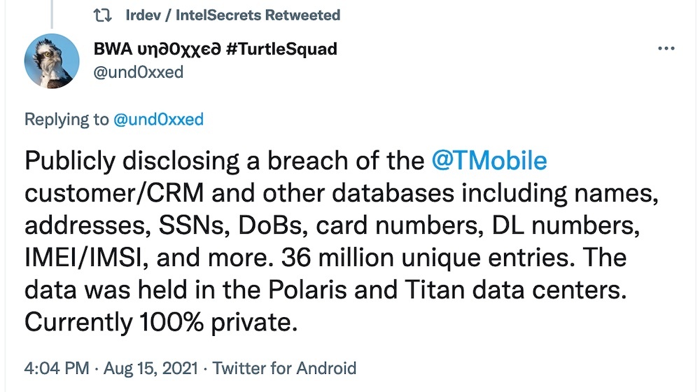 Tweet about the T Mobile breach