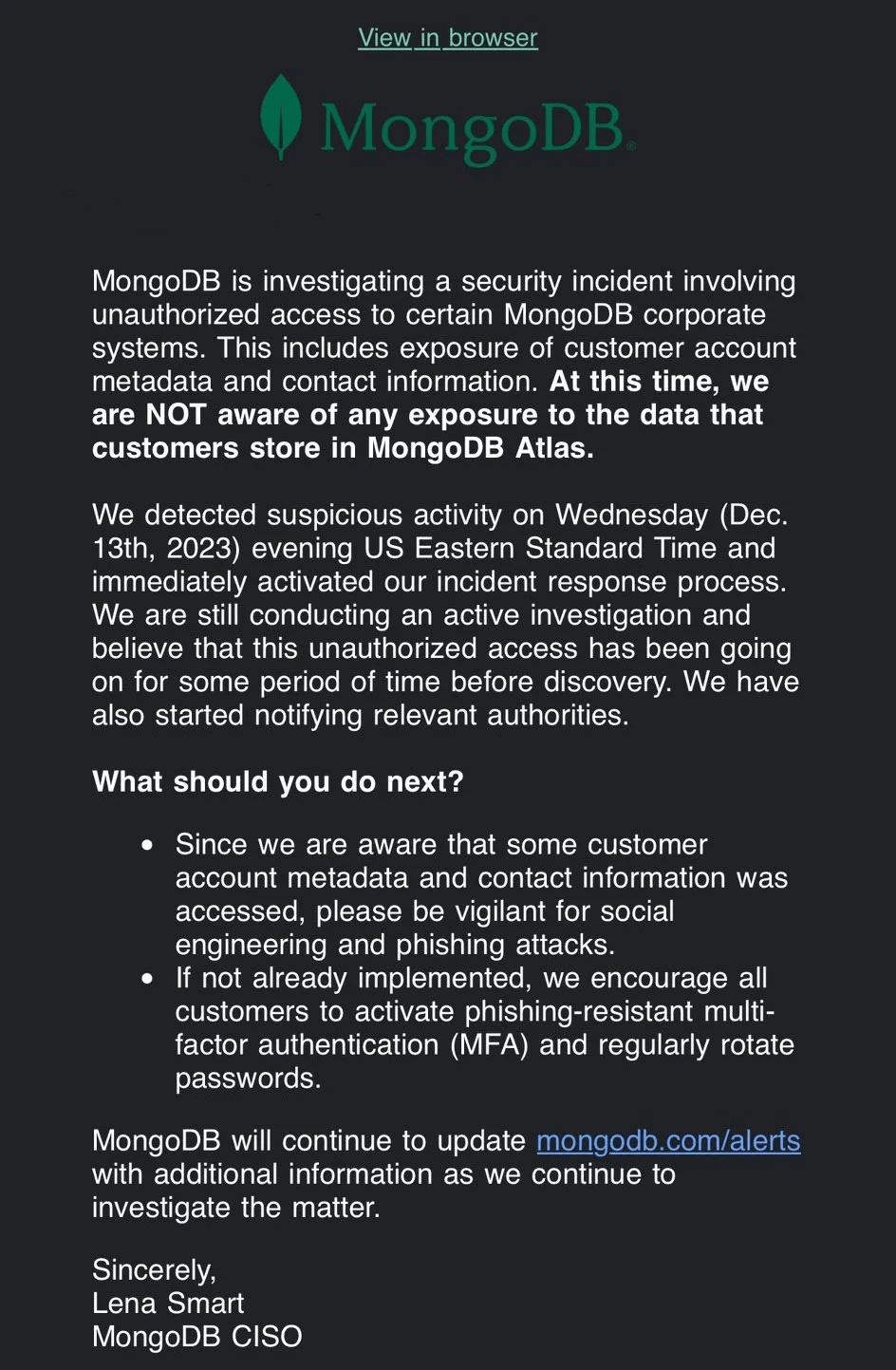 MongoDB data breach alert 