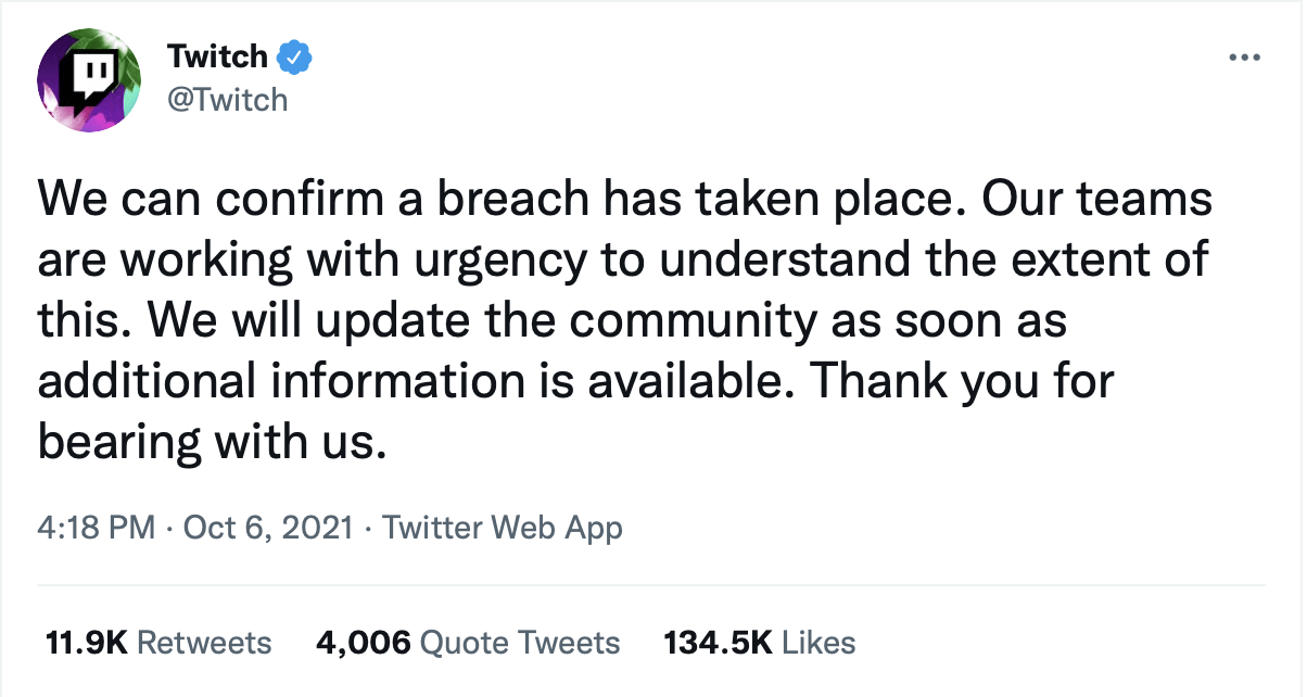Tweet from Twitch confirming the data breach. 